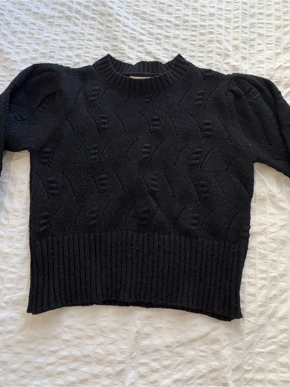 Women's Black Puff-Sleeve Crewneck Sweater